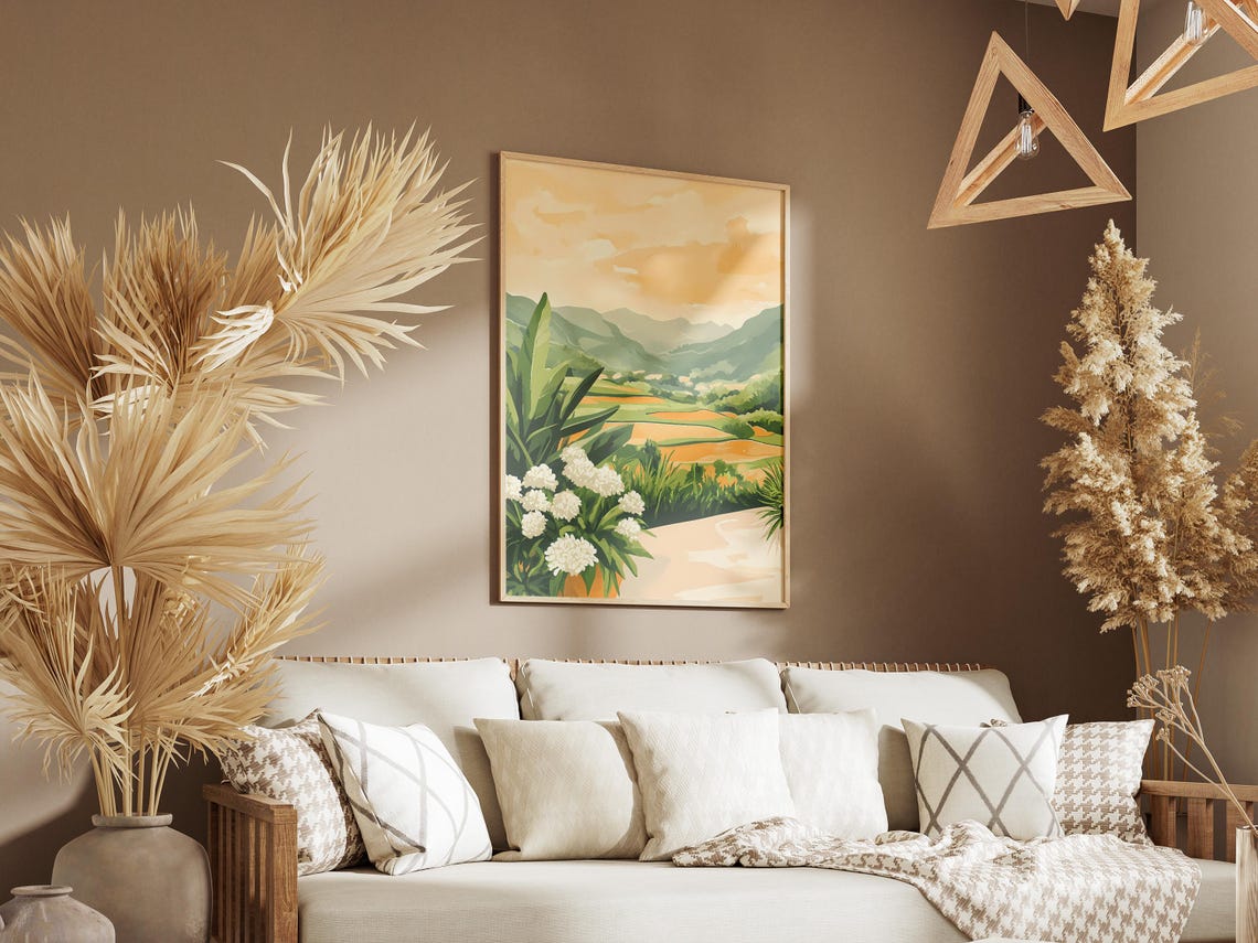 Green Rice Terrace Valley White Blossoms Yellow Sky Scenic Poster - Image 3
