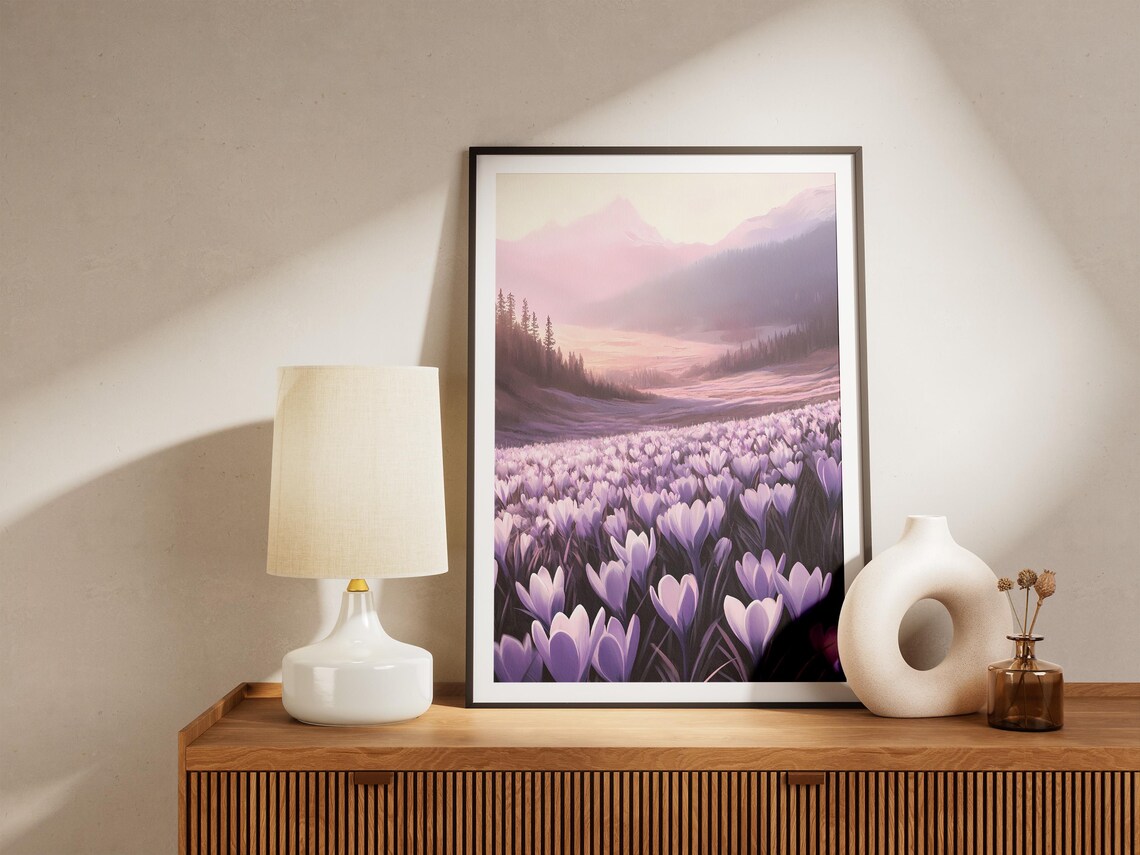 Endless Purple Crocus Valley Under Misty Morning Mountains Poster - Image 5