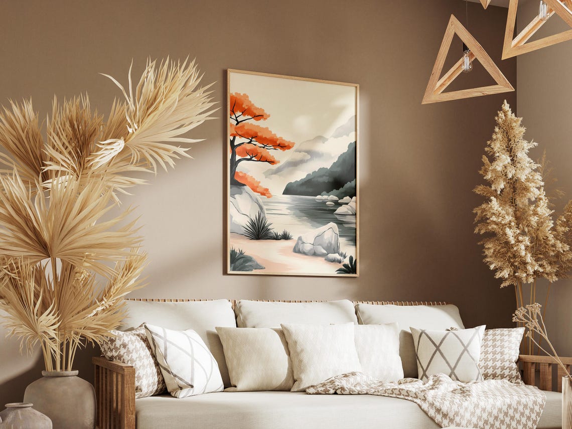 Orange Leafed Bonsai Tree Growing by a Misty Zen River Poster - Image 3