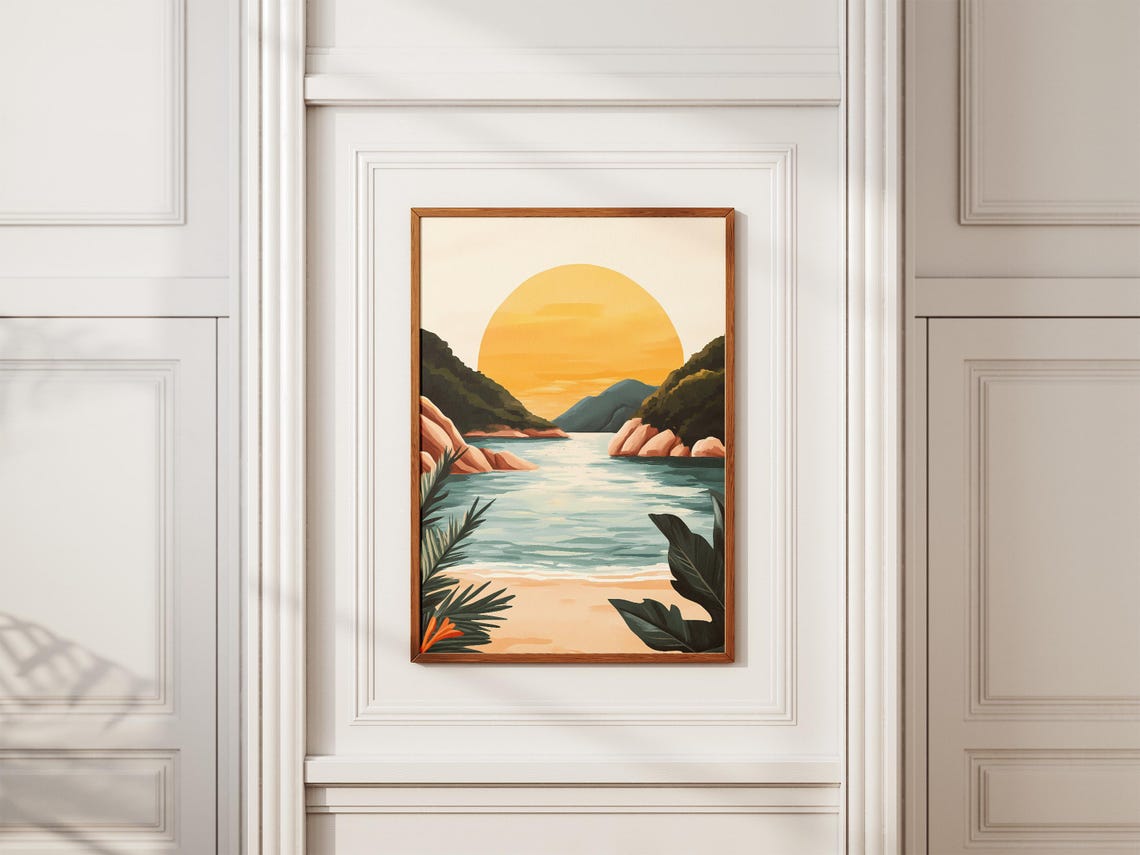 Golden Sunset Over Tropical Bay Beach Minimalist Coastal Poster - Image 2