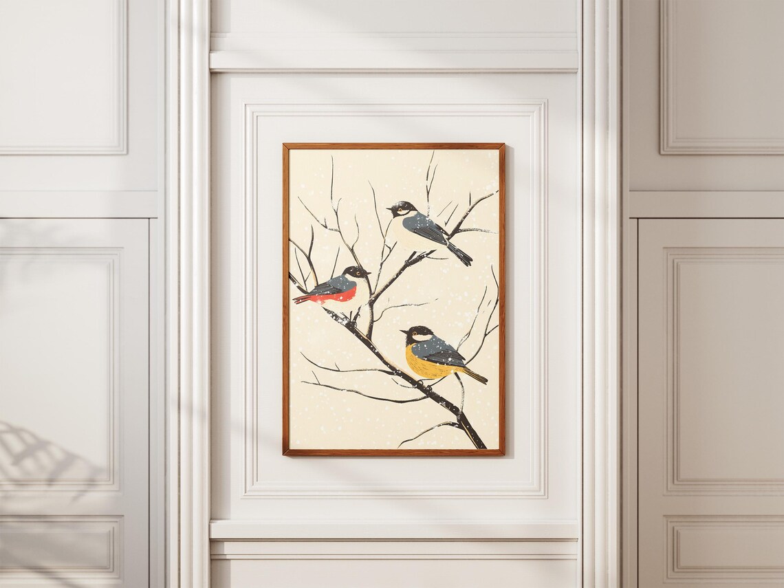 Three Songbirds On Snowy Branch Japanese Style Winter Bird Poster - Image 2