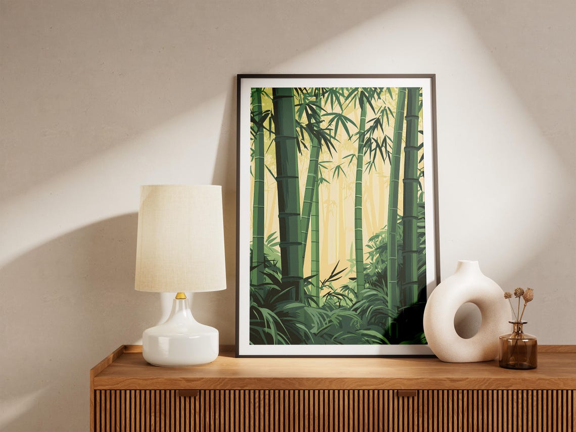 Sunlit Bamboo Forest with Tall Green Stalks Illustration Poster - Image 5