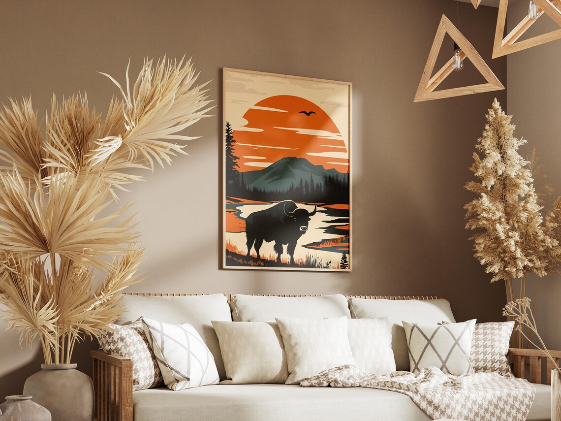 Bison Silhouette By A River At Sunset Vintage Style Travel Poster - Image 3