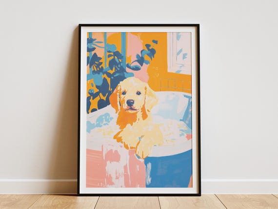 Golden Retriever Puppy In Bathtub Art Print Cute Dog Wall Bathroom Decor Nursery Poster Gift Lover