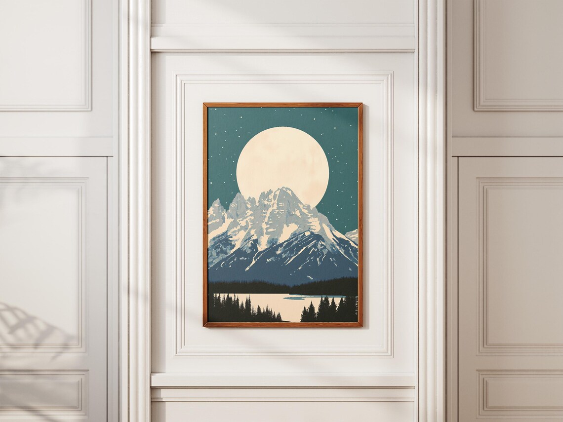 Grand Teton Wyoming Snowy Mountain Peak Full Moon Rising Travel Art Poster - Image 2
