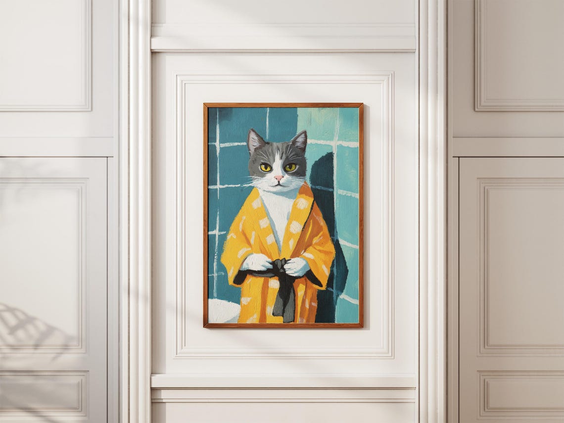 Gray Cat in Yellow Bathrobe Blue Bathroom Funny Cat Portrait Poster - Image 2
