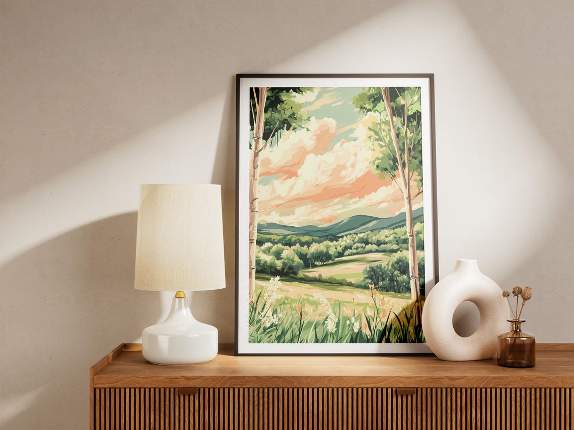 Spring Valley View Between Birch Trees Peach Clouds Landscape Poster - Image 5