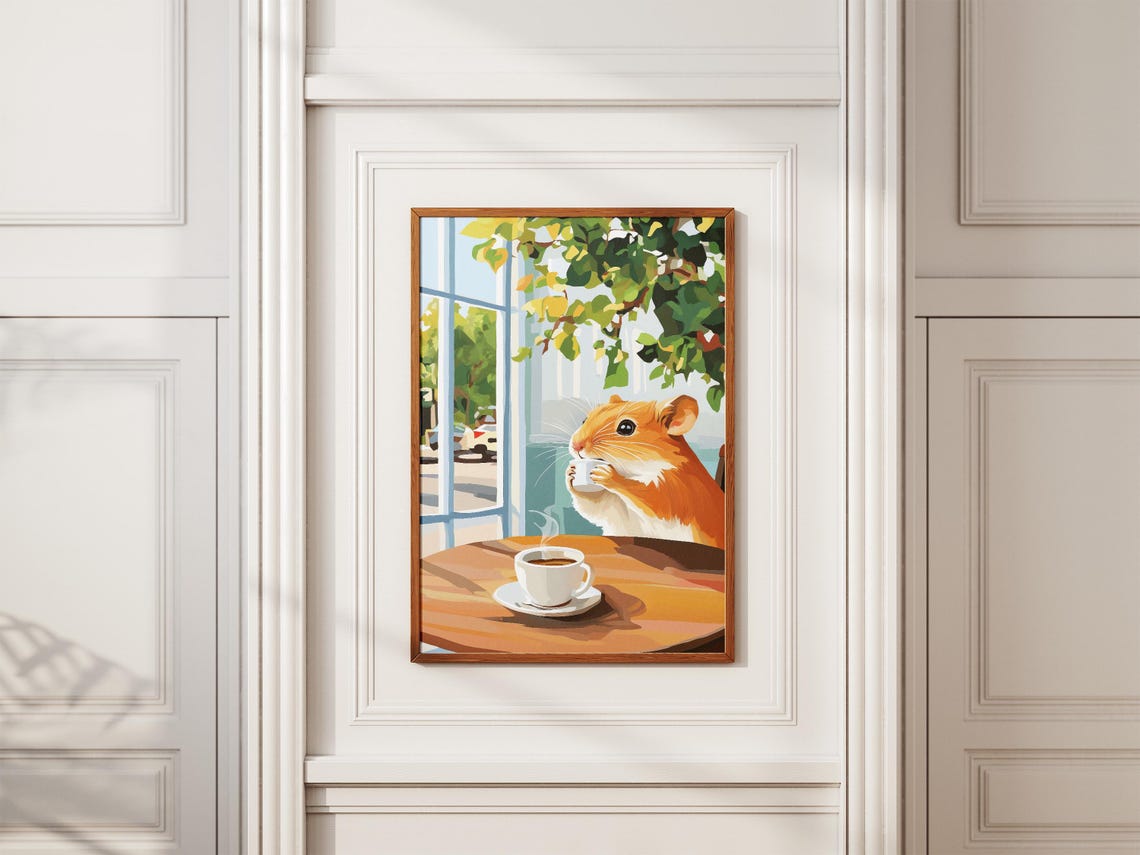 Tiny Hamster Sipping Coffee at a Cafe Table by Window Poster - Image 2