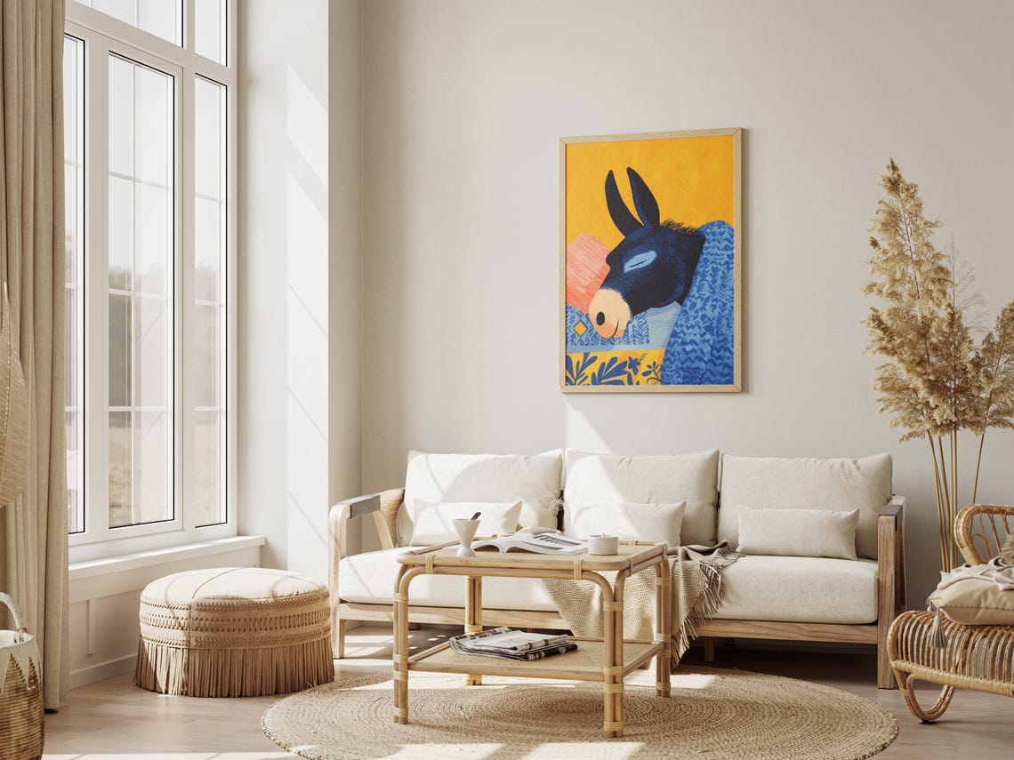Whimsical Blue Donkey Sleeping In Bed, Matisse Style - Image 3