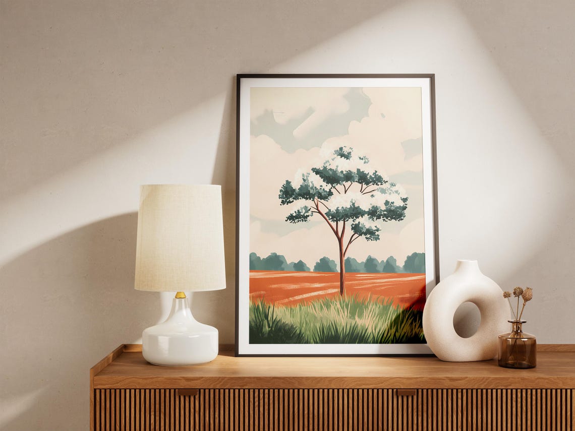 Lone Tree Standing In Orange Field Minimalist Landscape Poster - Image 5
