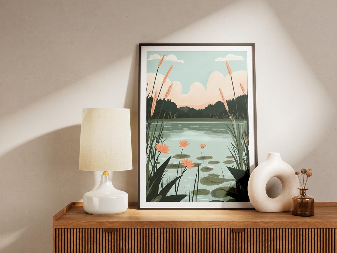 Orange Water Lilies Dawn Pond Lily Pads Reeds Serene View Poster - Image 5