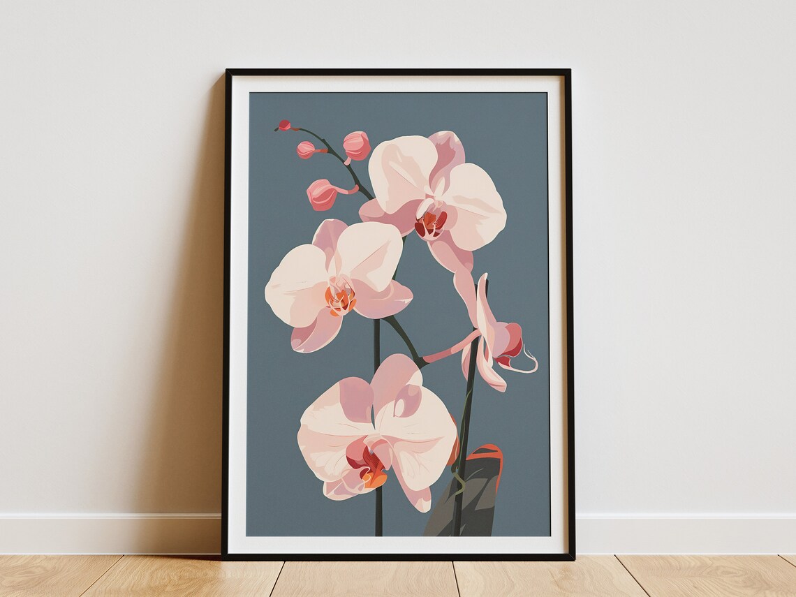 Elegant Pink Orchid Blossoms Slate Blue Modern Floral Poster
