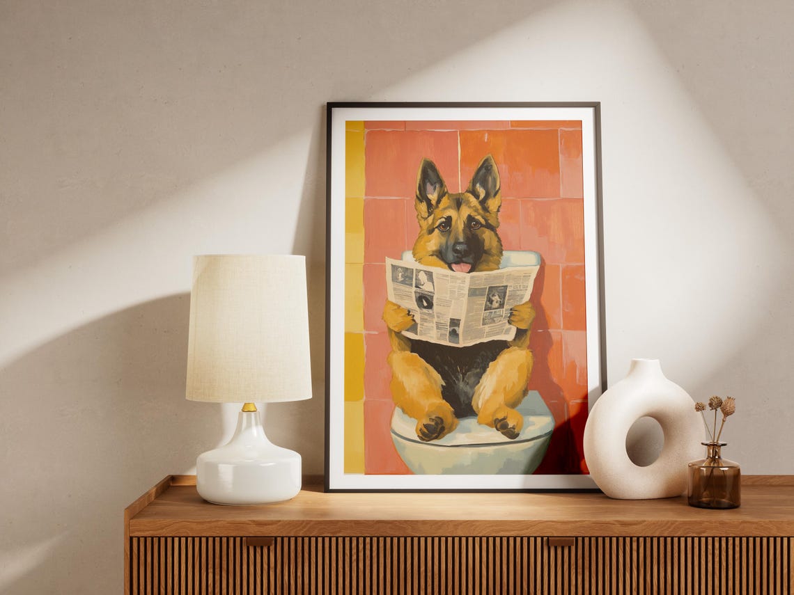 German Shepherd Toilet Newspaper Humorous Dog Bathroom Poster - Image 4