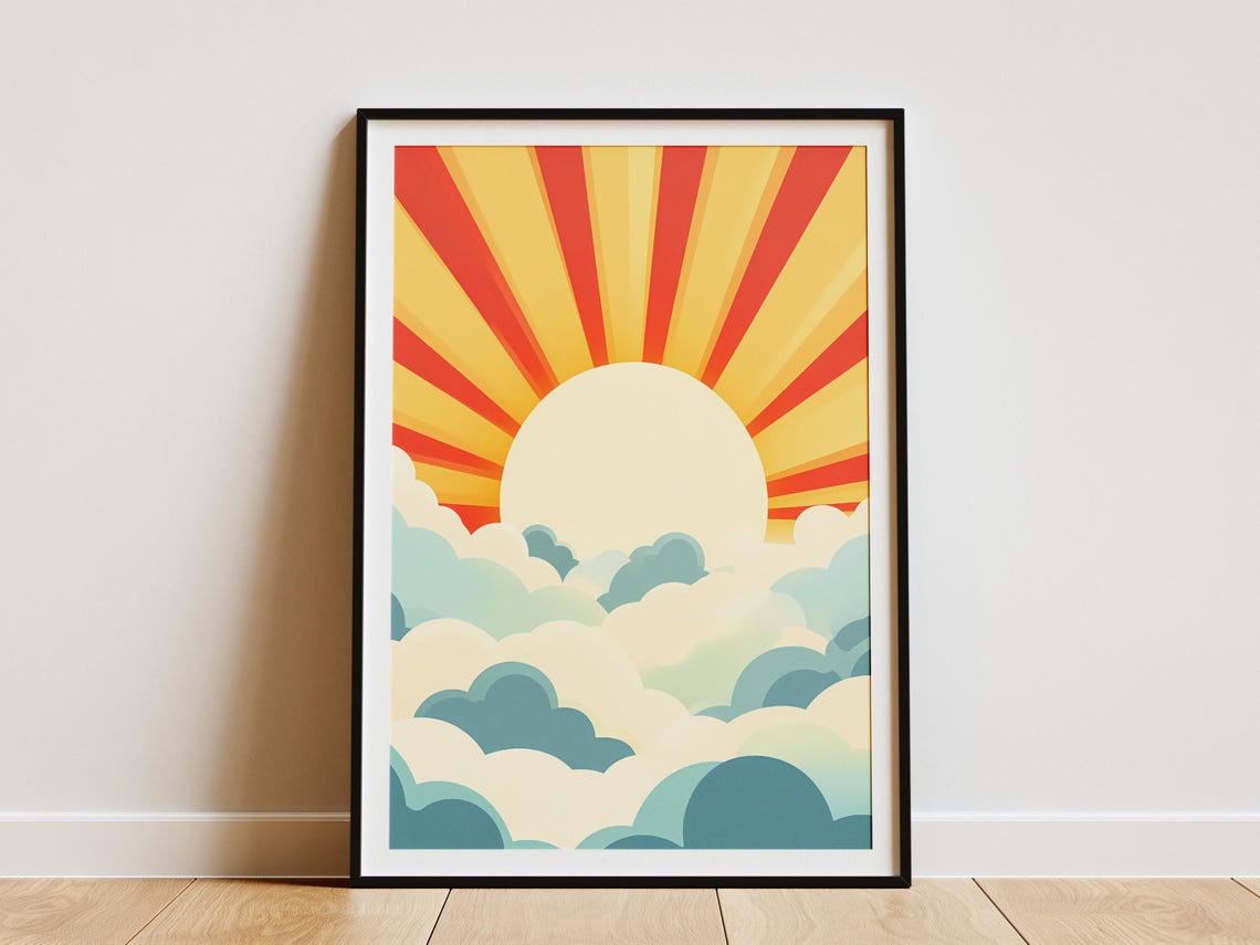 Sun Rays Through Clouds Posterabstract Sunrise Art Printmid Century Modern Sun Printboho Sun Wall Artyellow Orange Decorsummer Posternature