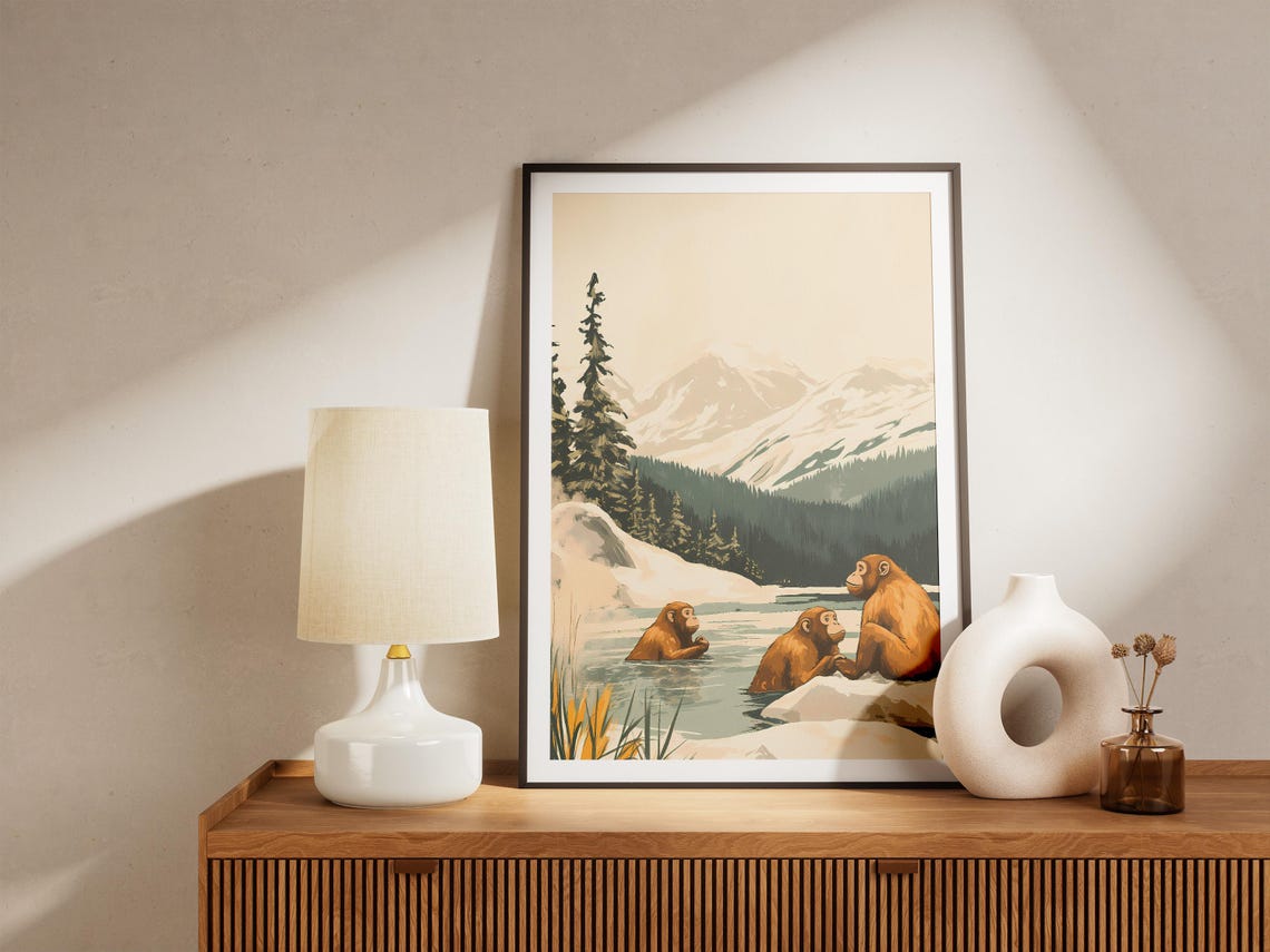 Snow Monkeys Soaking Hot Spring Mountain Winter Scenic Poster - Image 5