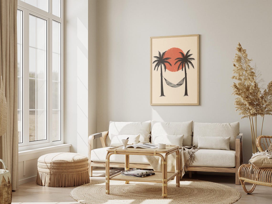 Two Palm Trees with a Hammock Swaying Under a Terracotta Sun Poster - Image 4
