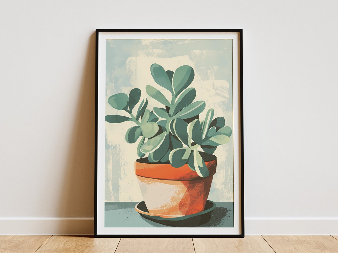 Jade Plant Terracotta Clay Pot Teal Minimalist Botanical Poster