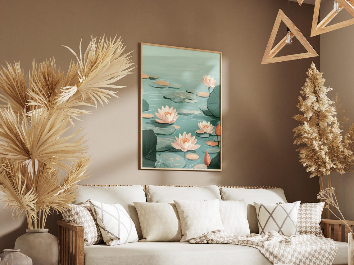 Pale Pink Water Lilies on a Teal Pond Poster With Lily Pads Calm - Image 3