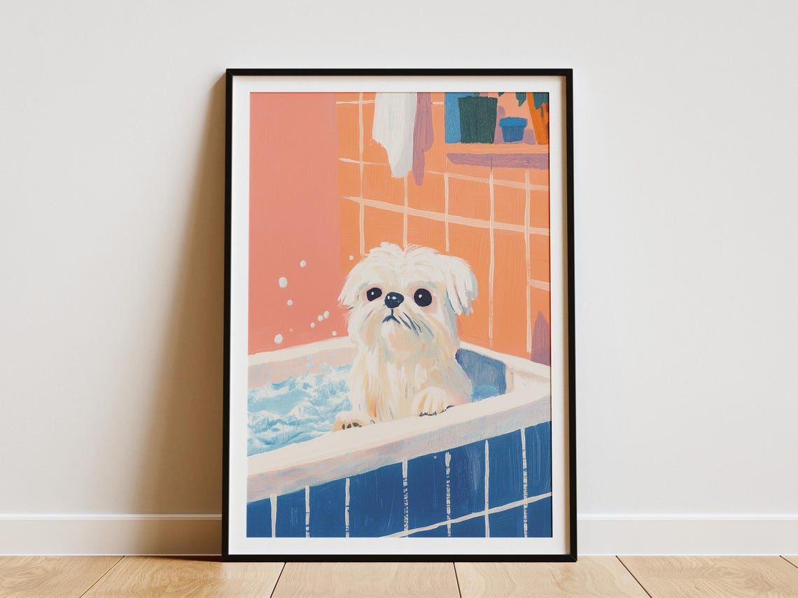 Maltese Dog Bubble Bath Cute Puppy Coral Bathroom Art Poster