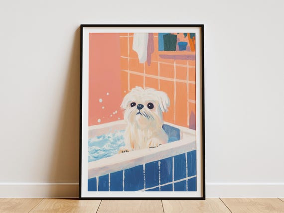 Maltese Dog Art Print Foamy Bathtub Wall Bathroom Decor Cute Poster Pet Lover Gift In Tub Animal Illustration Home