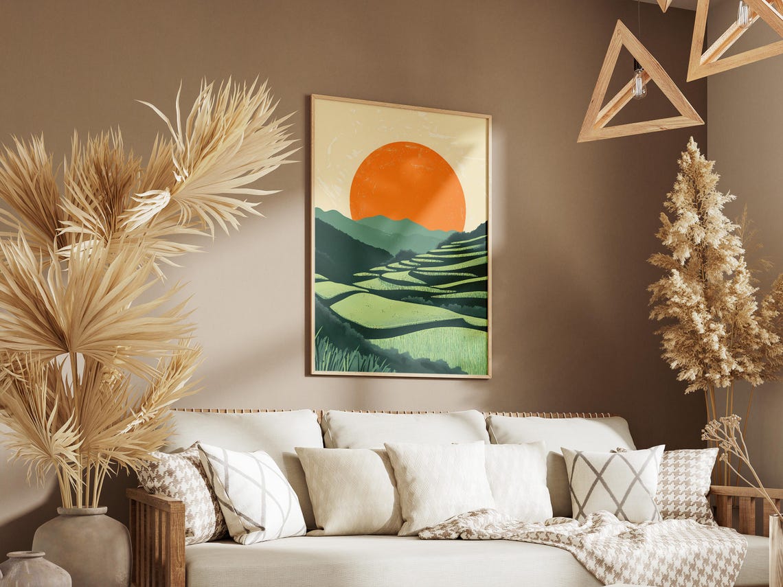 Sunset Over Green Terraced Rice Fields Giant Orange Sun Poster - Image 3
