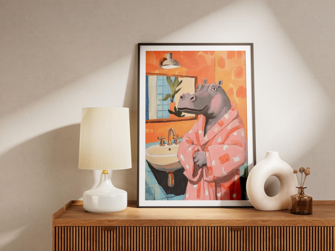 Hippopotamus in Pink Polka Dot Bathrobe Orange Bathroom Poster - Image 5
