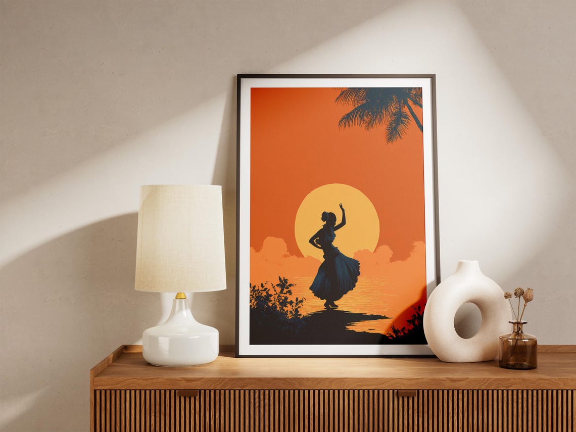 Hula Dancer Silhouette Big Sun Orange Sunset Tropical Art Poster - Image 4