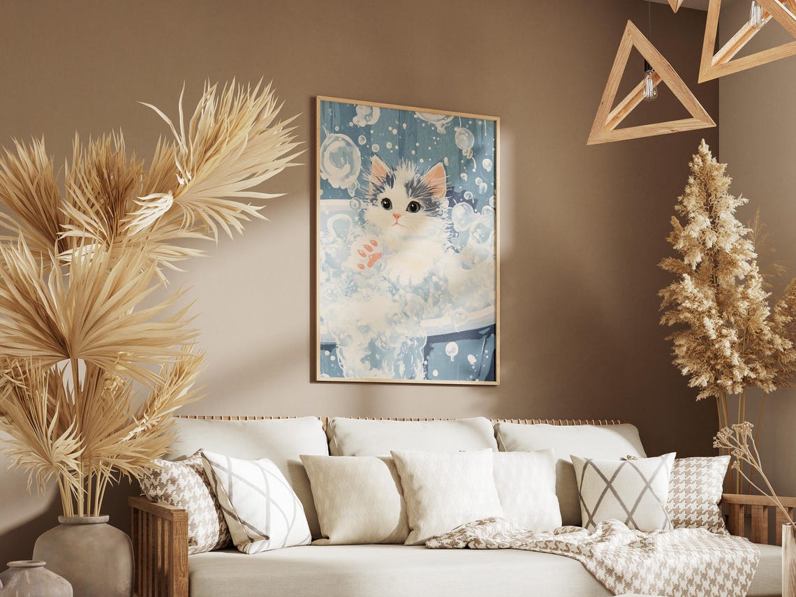 Fluffy Gray Kitten in Blue Bubble Bath Sweet Kitten Cat Art Poster - Image 3