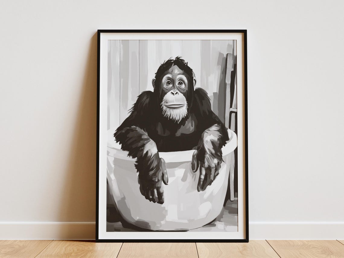 Orangutan In Bathtub Poster Funny Ape Black And White Wall Decor