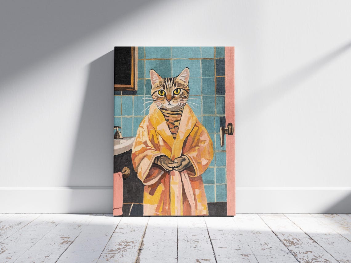 Tabby Cat In Mustard Yellow Bathrobe Poster Funny Pet Bathroom Art - Image 2