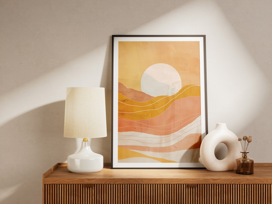 White Sun Over Layered Ochre Waves Abstract Desert Sunset Poster - Image 2