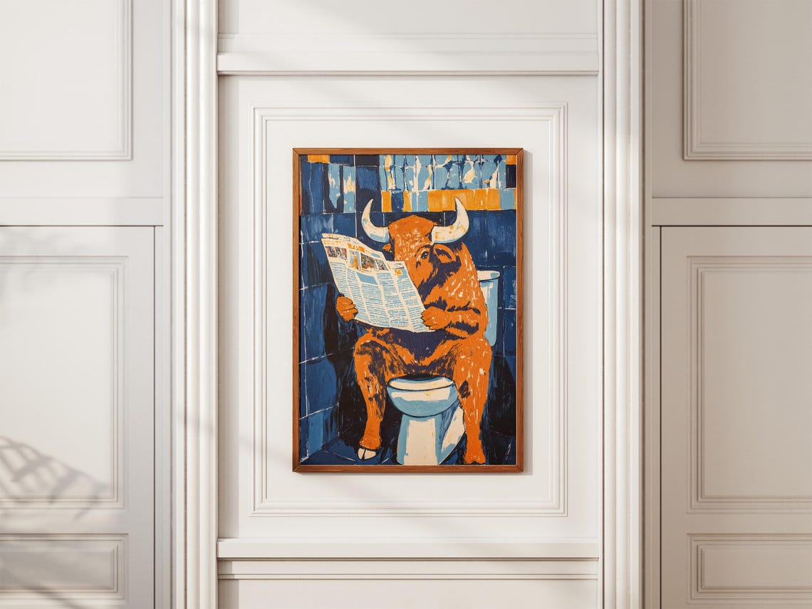 Orange Bison Reading the Newspaper While on the Toilet Poster - Image 2
