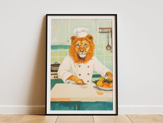 Lion Chef Art Print Funny Animal Poster Kitchen Decor Whimsical Wearing Chefs Uniform Cooking Modern Wall Lover Gift