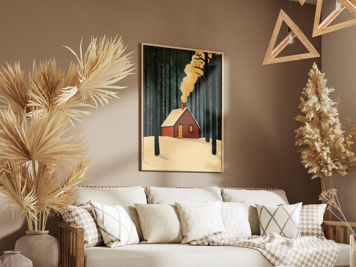 Little Red Cabin in a Snowy Pine Forest With Chimney Smoke Poster - Image 3