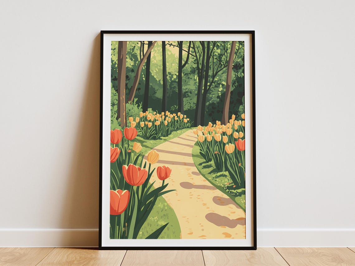 Orange Tulips Lining Forest Path Poster Spring Woodland Walk