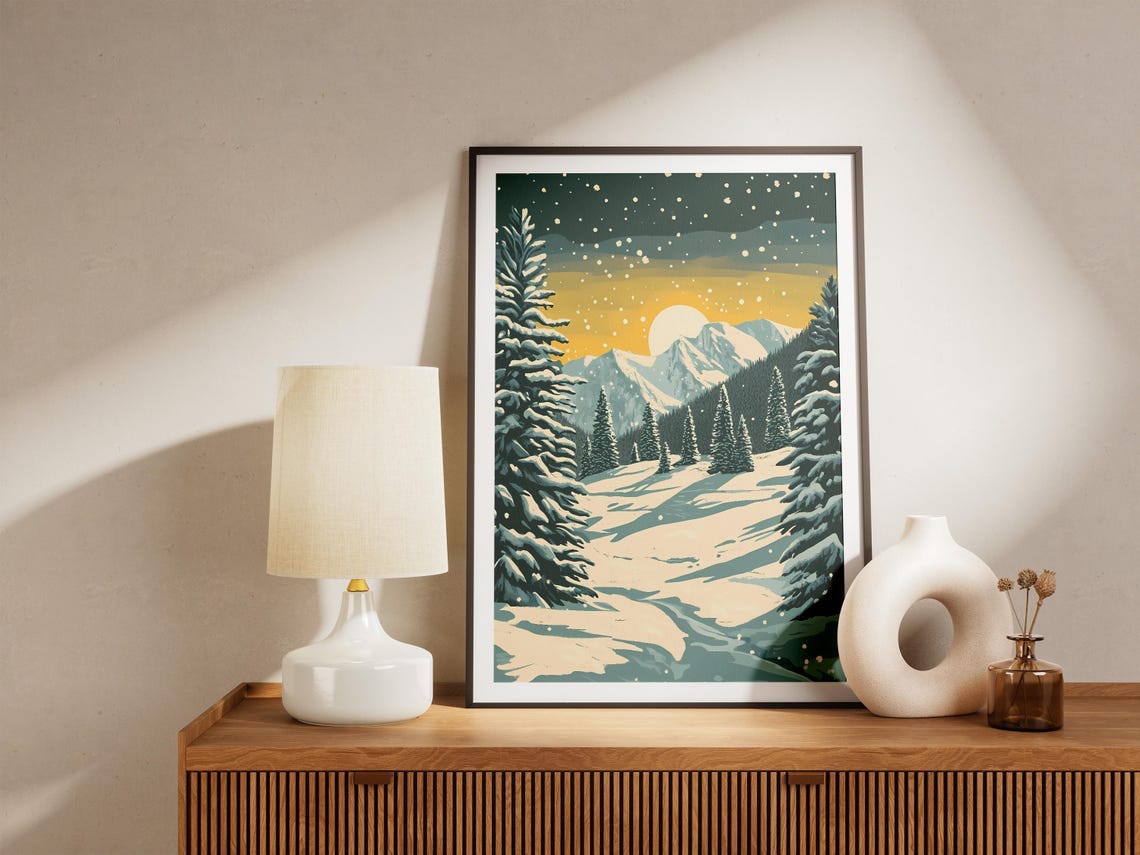 Golden Sun Over a Snowy Pine Valley with Light Falling Snow Poster - Image 5