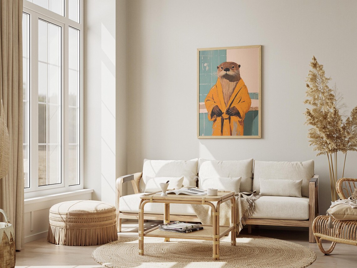 Sea Otter Wearing Yellow Bathrobe Teal Tile Bathroom Art Poster - Image 4