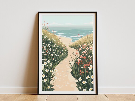 Daisy Meadow Path Ocean View Serene Beach Scene Artwork Poster