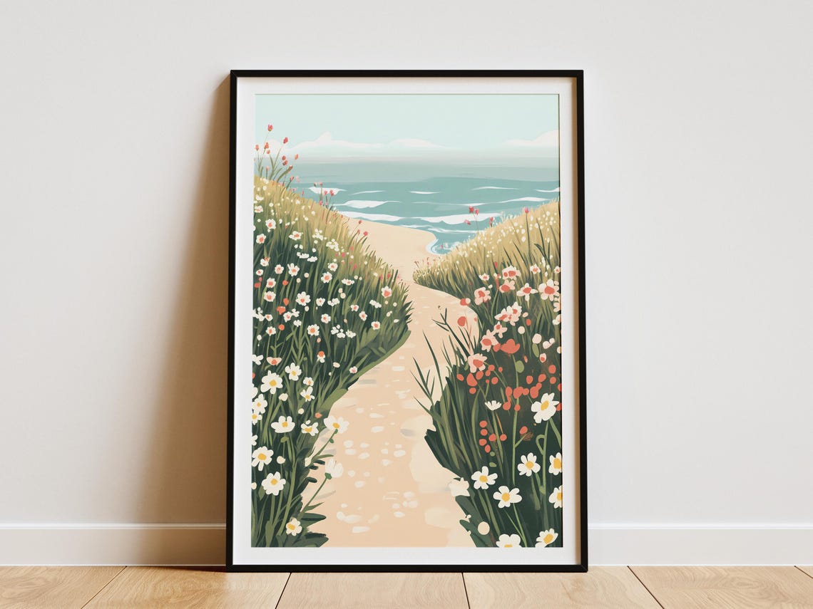Daisy Meadow Path Ocean View Serene Beach Scene Artwork Poster
