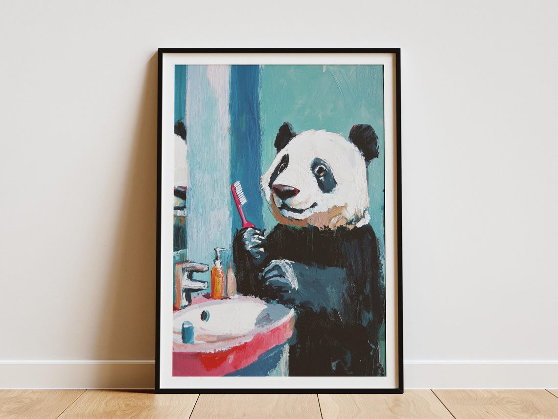 Panda Brushing Teeth at the Sink Funny Bathroom Art Wall Poster