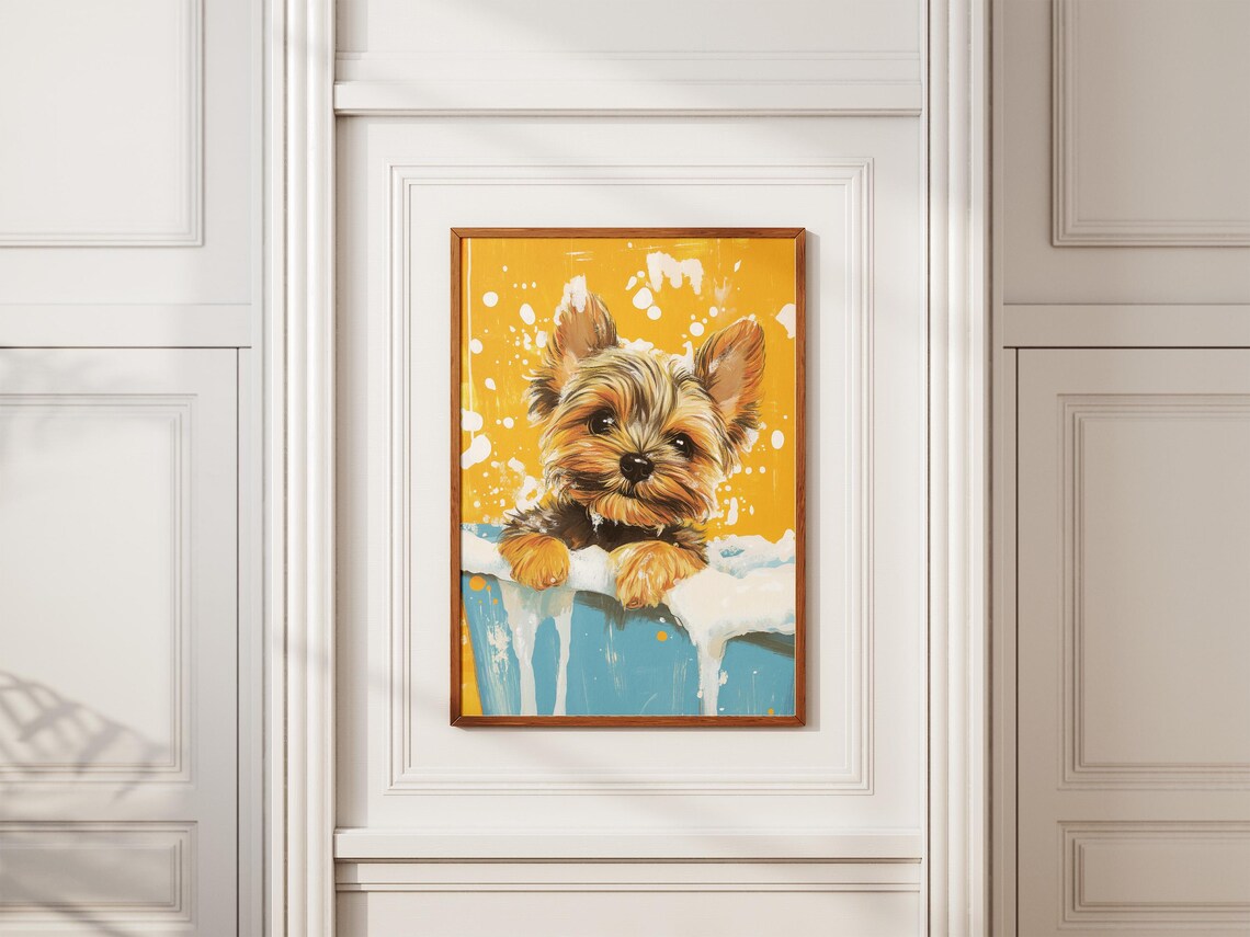 Scruffy Yorkie Puppy Peeking Over Blue Tub Yellow Splash Art Poster - Image 2