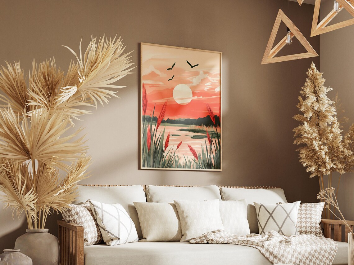 Coral Sunset Over Calm Lake With Reeds And Birds Landscape Poster - Image 3