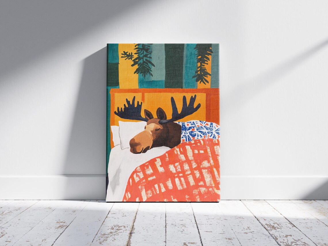Whimsical Moose Sleeping In Bed, Matisse-Style Art Print - Image 2
