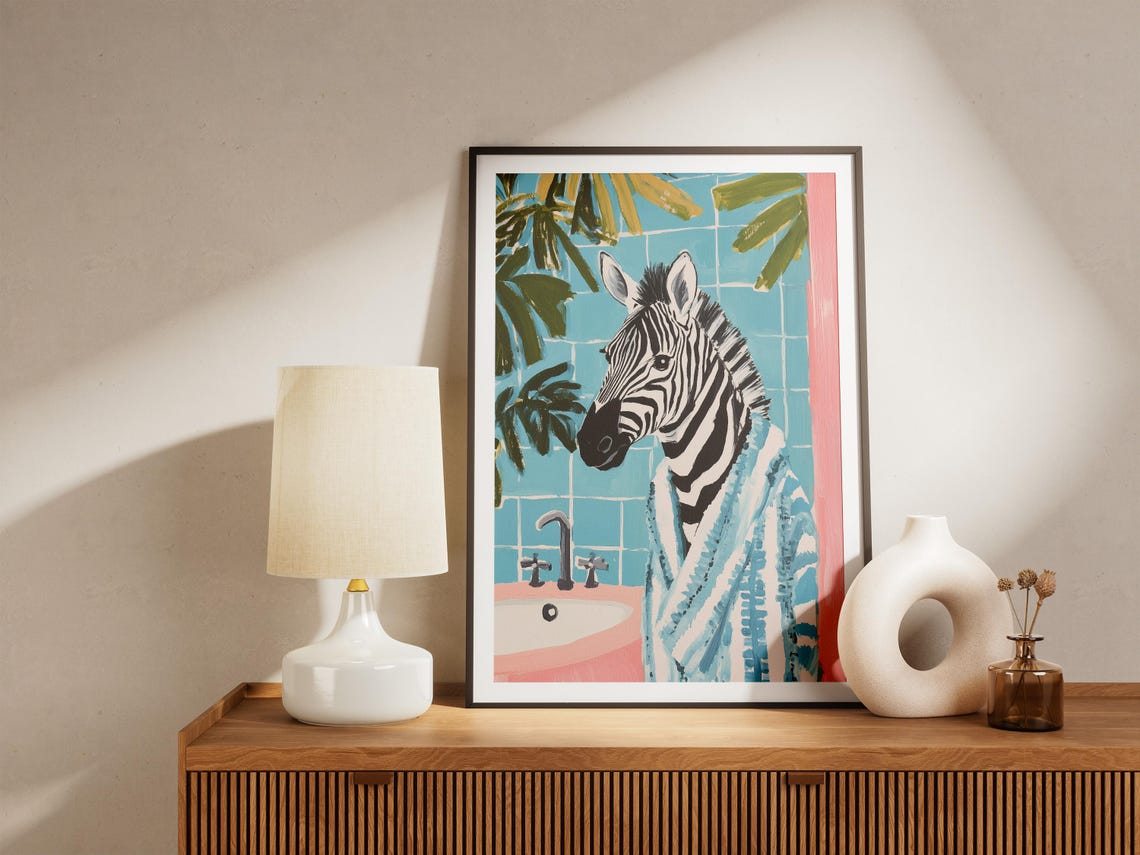 Zebra Wearing Blue Bathrobe Palm Leaf Tile Bathroom Fun Poster - Image 5