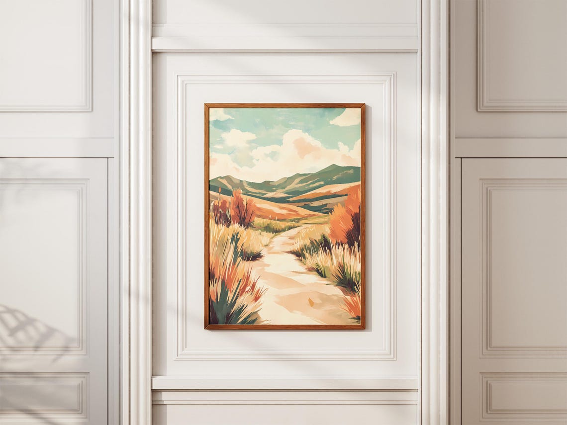 Sunset Meadow Trail Through Orange Grasses and Green Hills Poster - Image 2