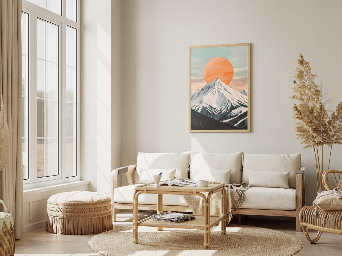 Giant Orange Sun Behind Snow Capped Mountain Peak Scenic Poster - Image 4