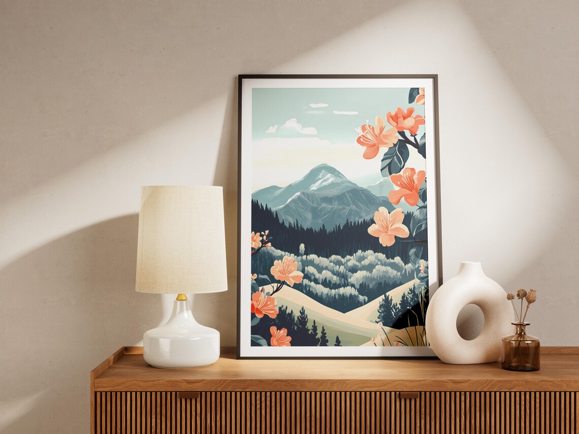 Mountain Azaleas Blooming Above Snowy Forest Slopes Landscape Poster - Image 5