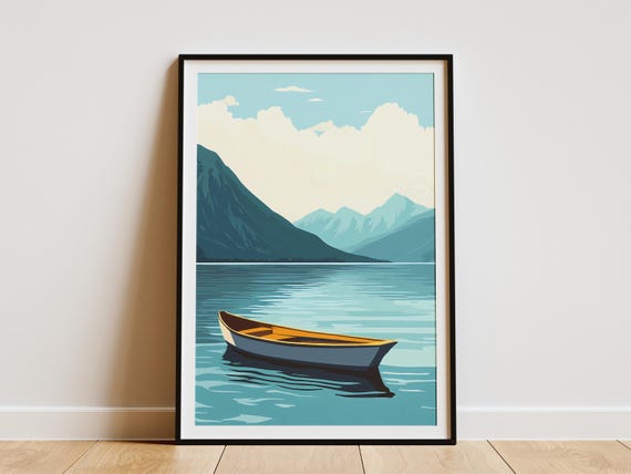 Lake Serenity Boat Poster Mountain Lake Landscape Art Print Calm Water Nature Scene Peaceful Boat On Lake Modern Minimalist Decor Wall Art