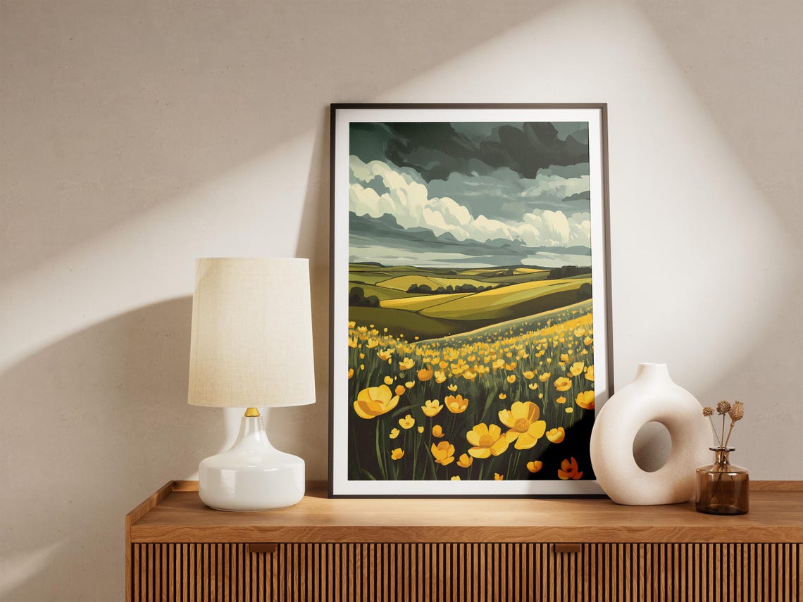 Buttercup Field Under Moody Clouds Golden Meadow Scene Poster - Image 5