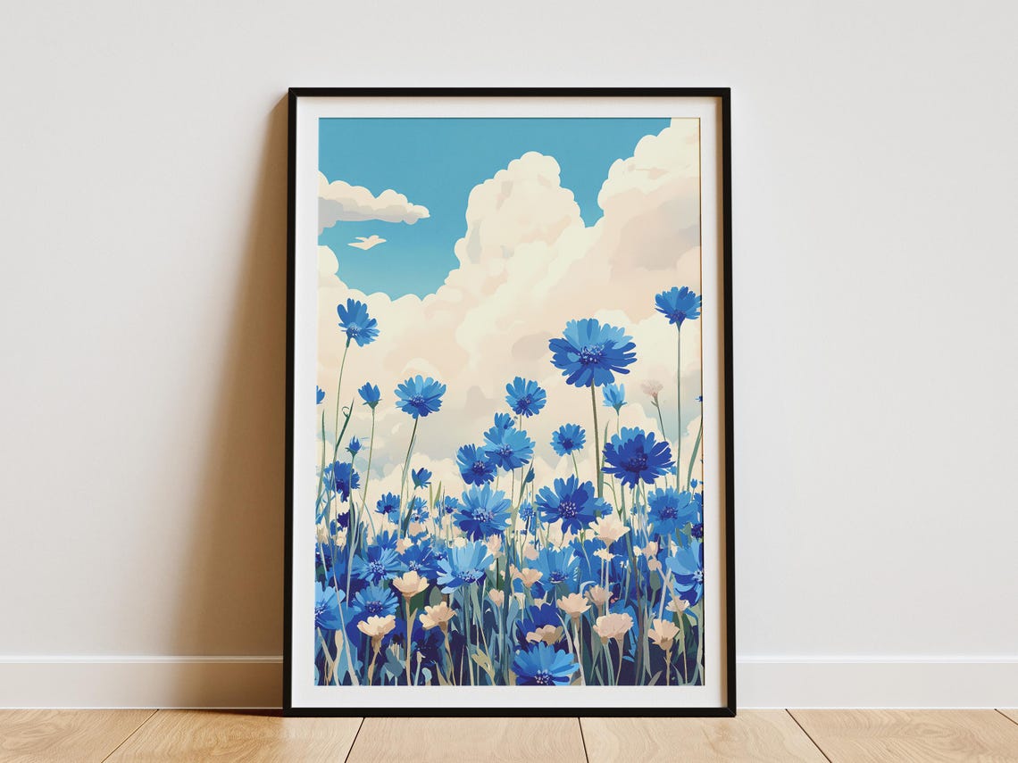 Blue Cornflower Field Summer Sky Clouds Upward Dreamy View Poster
